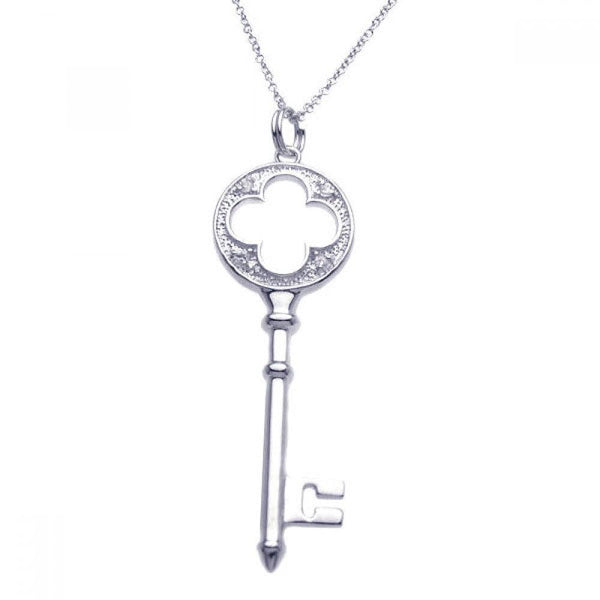 Sterling Silver Rhodium Plated Clear CZ Clover Key Pendant Necklace - STP00970 | Silver Palace Inc.