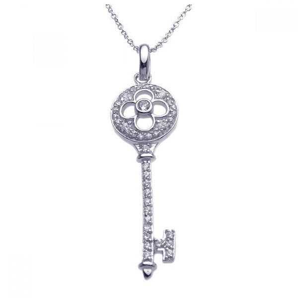 Sterling Silver Rhodium Plated Clear CZ Clover Key Pendant Necklace - STP00972 | Silver Palace Inc.