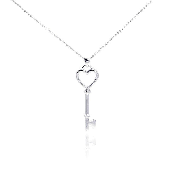 Silver 925 Rhodium Plated Clear CZ Heart Key Pendant Necklace - STP00979 | Silver Palace Inc.