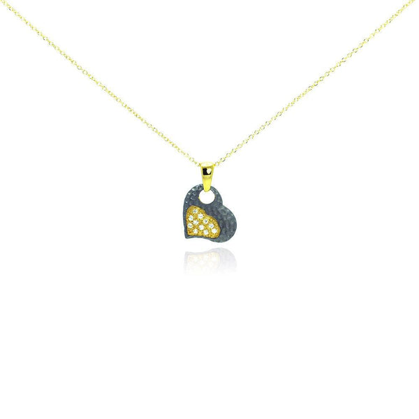 Closeout-Silver 925 Gold Plated and Matte Black Rhodium Finish Clear CZ Heart Pendant Necklace - STP00984 | Silver Palace Inc.