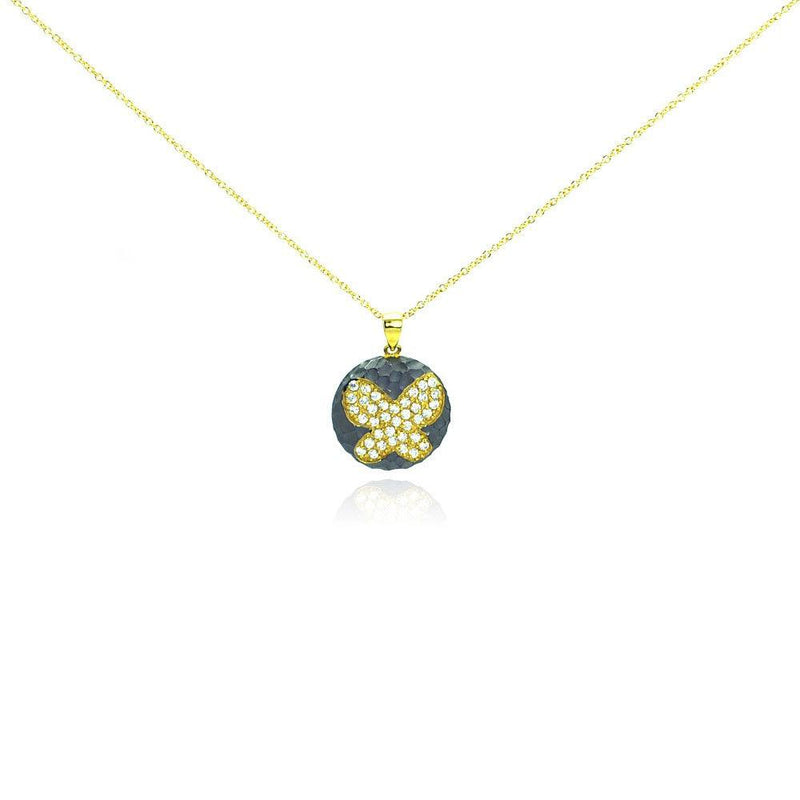 Closeout-Silver 925 Gold Plated and Matte Black Rhodium Finish Butterfly Clear CZ Round Pendant Necklace - STP00986 | Silver Palace Inc.
