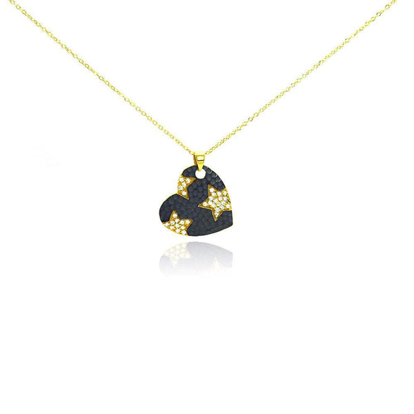 Closeout-Silver 925 Gold Plated and Matte Black Rhodium Finish Clear CZ Star Heart Pendant Necklace - STP00987 | Silver Palace Inc.