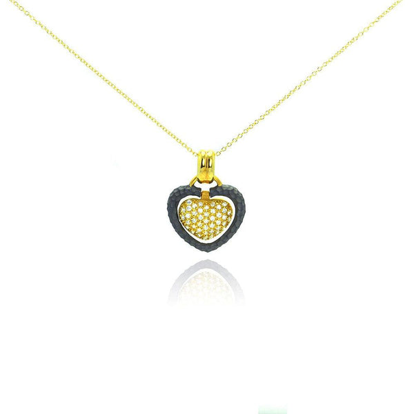 Closeout-Silver 925 Gold Plated and Matte Black Rhodium Finish Clear CZ Heart Pendant Necklace - STP00989 | Silver Palace Inc.
