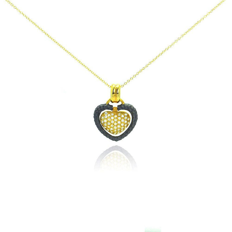 Closeout-Silver 925 Gold Plated and Matte Black Rhodium Finish Clear CZ Heart Pendant Necklace - STP00989 | Silver Palace Inc.