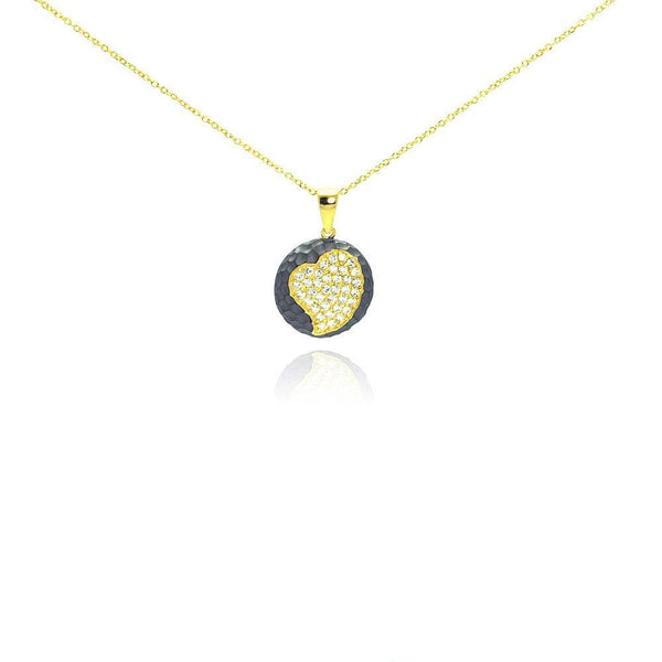 Closeout-Silver 925 Gold Plated and Matte Black Rhodium Finish Heart Clear CZ Hammered Round Onyx Pendant Necklace - STP00990 | Silver Palace Inc.
