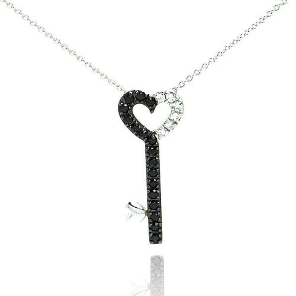 Silver 925 Rhodium and Black Rhodium Plated Clear and Black CZ Key Pendant Necklace - STP00992 | Silver Palace Inc.