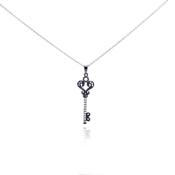 Silver 925 Black Rhodium Plated Clear CZ Key Pendant Necklace - STP00993 | Silver Palace Inc.