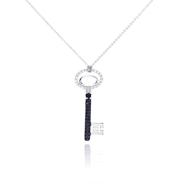 Closeout-Silver 925 Rhodium and Black Rhodium Plated Clear and Black CZ Key Pendant Necklace - STP00995 | Silver Palace Inc.