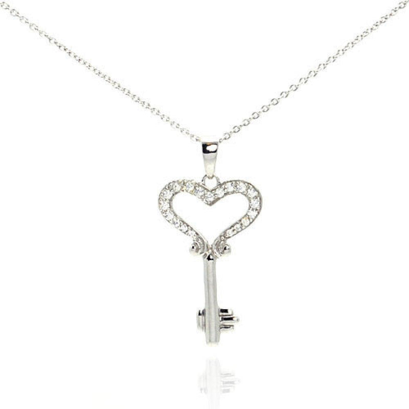 Silver 925 Black Rhodium Plated Clear CZ Key Heart Pendant Necklace - STP00997 | Silver Palace Inc.