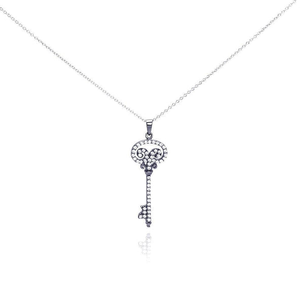 Silver 925 Black Rhodium Plated Clear CZ Key Pendant Necklace - STP00998 | Silver Palace Inc.