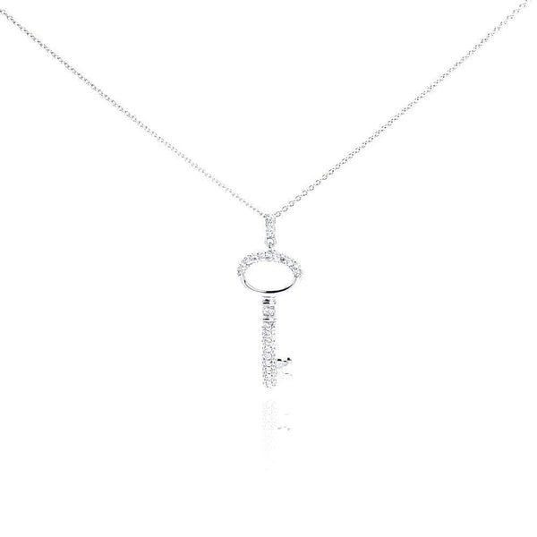 Silver 925 Rhodium Plated Clear CZ Key Pendant Necklace - STP01001 | Silver Palace Inc.