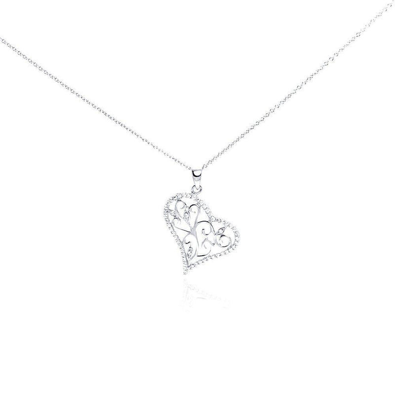 Silver 925 Rhodium Plated Clear CZ Heart Pendant Necklace - STP01006 | Silver Palace Inc.