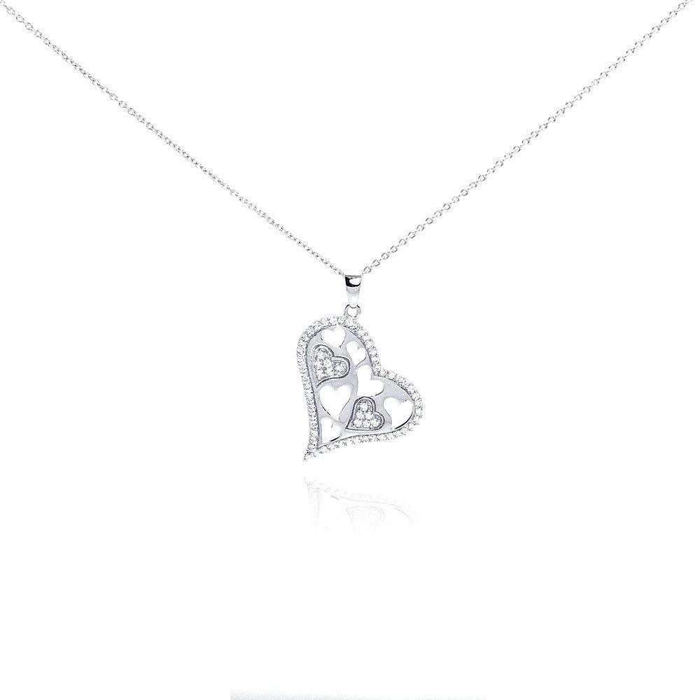 Silver 925 Rhodium Plated Clear CZ Heart Pendant Necklace