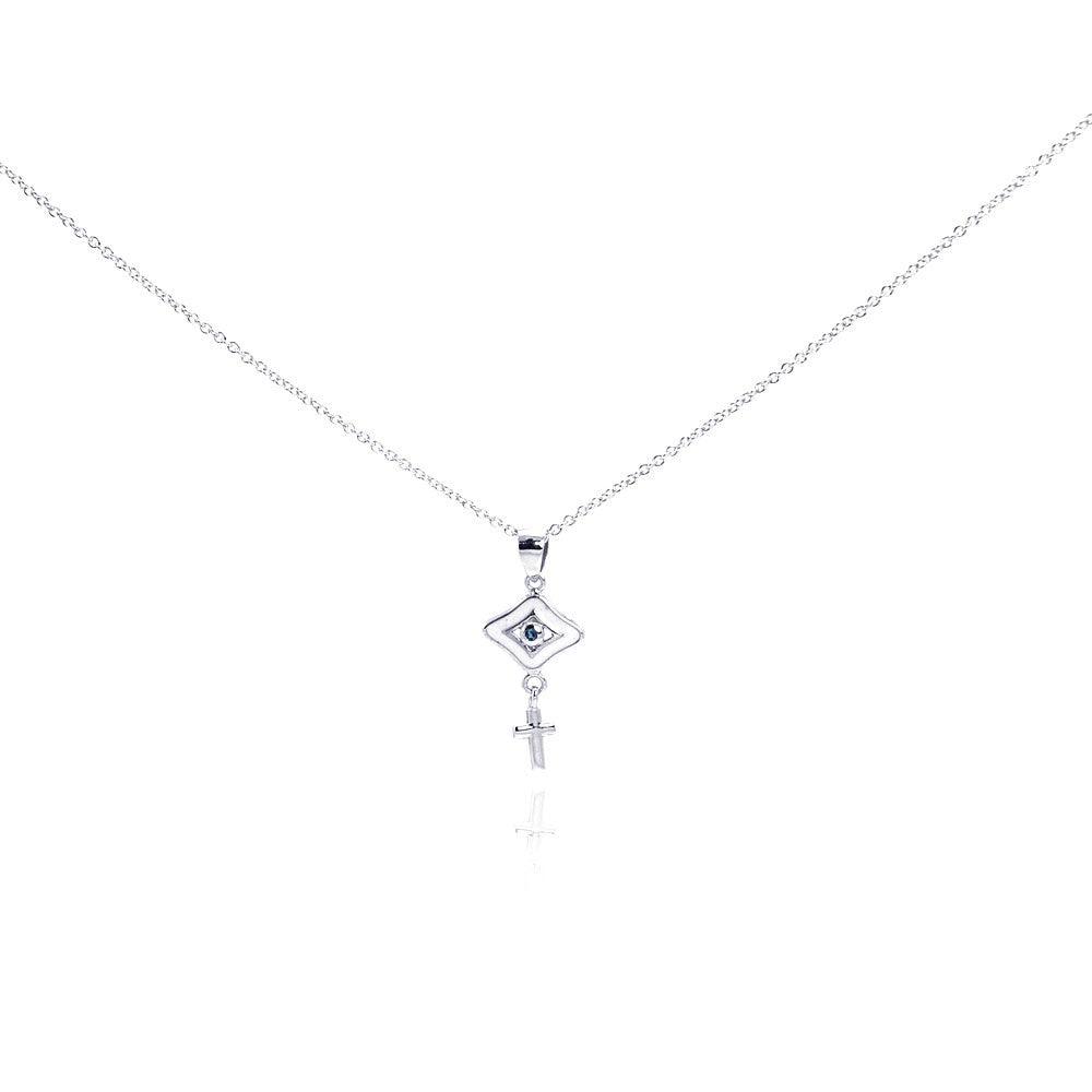 Silver 925 Rhodium Plated Clear CZ Cross Evil Eye Pendant Necklace - STP01010 | Silver Palace Inc.