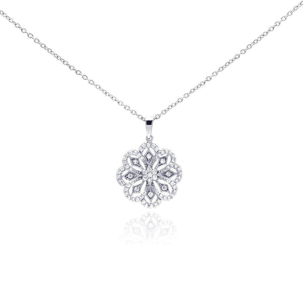 Silver 925 Rhodium Plated Clear CZ Flower Pendant Necklace - STP01043 | Silver Palace Inc.