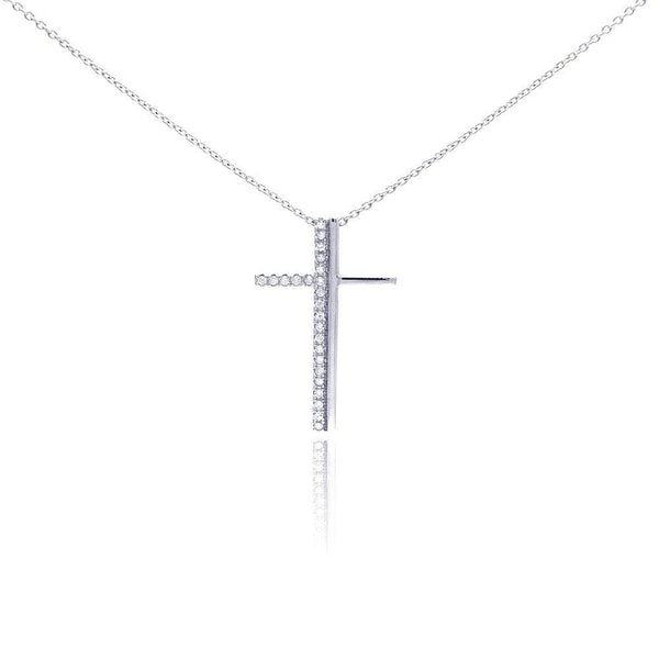 Silver 925 Rhodium Plated Clear CZ Cross Pendant Necklace - STP01047 | Silver Palace Inc.