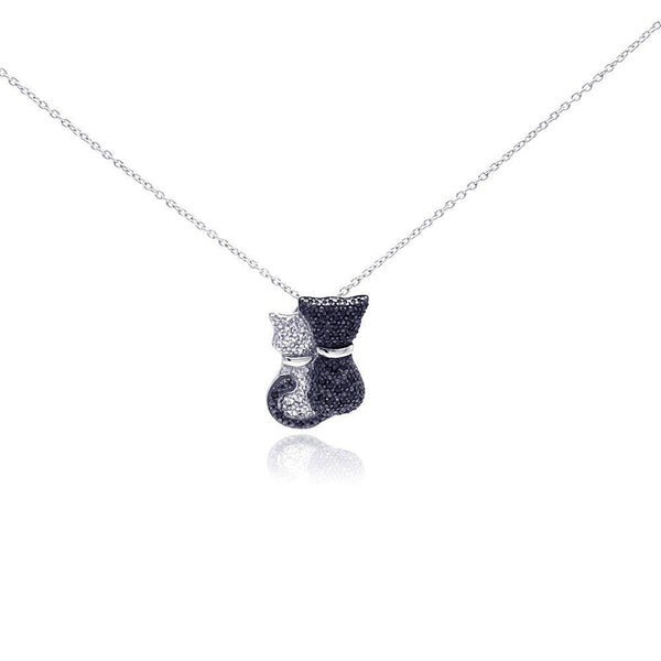 Silver 925 Rhodium and Black Rhodium Plated Clear and Black CZ Kitty Pair Pendant Necklace - STP01049 | Silver Palace Inc.