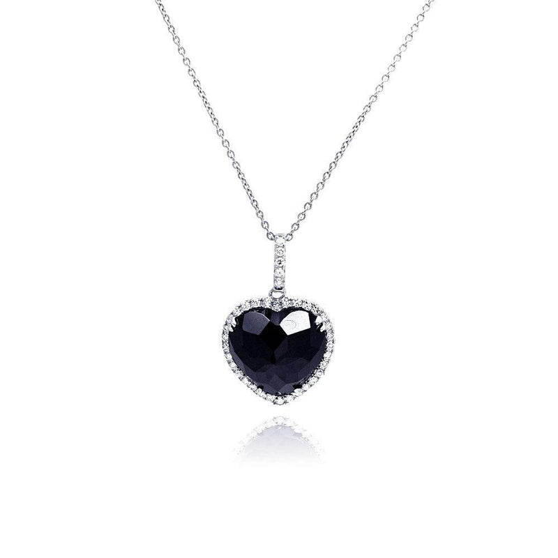 Closeout-Silver 925 Rhodium Plated Clear CZ Black Onyx Heart Pendant Necklace - STP01051 | Silver Palace Inc.
