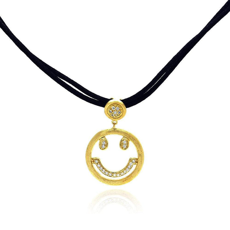Closeout-Silver 925 Gold Plated Clear CZ Smile Pendant Leather Necklace - STP01052 | Silver Palace Inc.