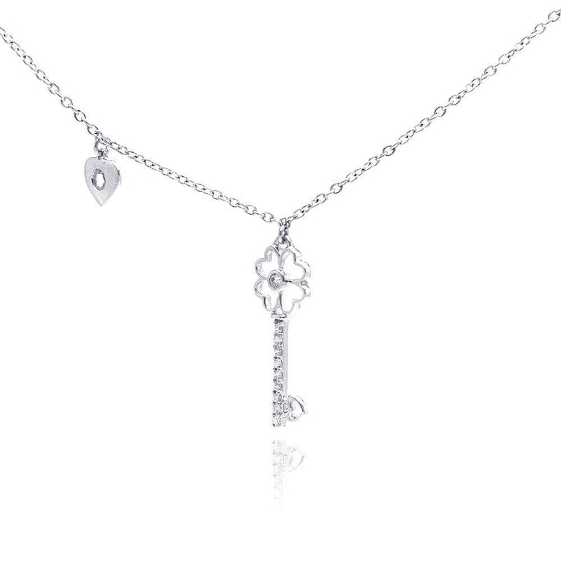 Silver 925 Rhodium Plated Clear CZ Key Pendant Necklace - STP01055 | Silver Palace Inc.