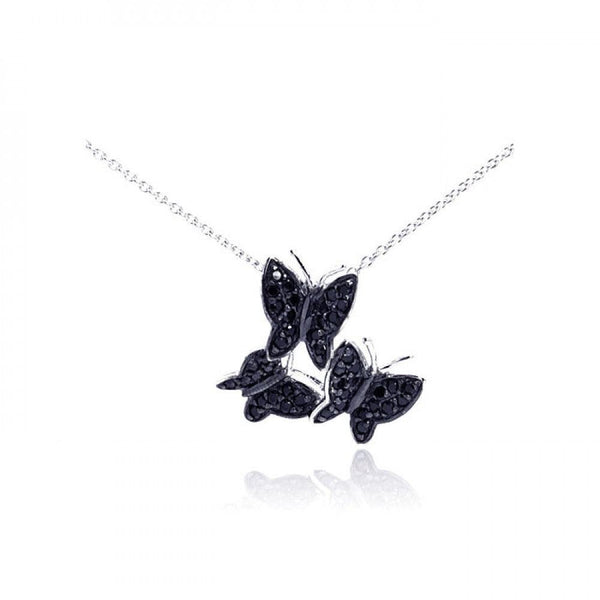 Silver 925 Rhodium Plated Black CZ Butterfly Pendant Necklace - STP01062 | Silver Palace Inc.