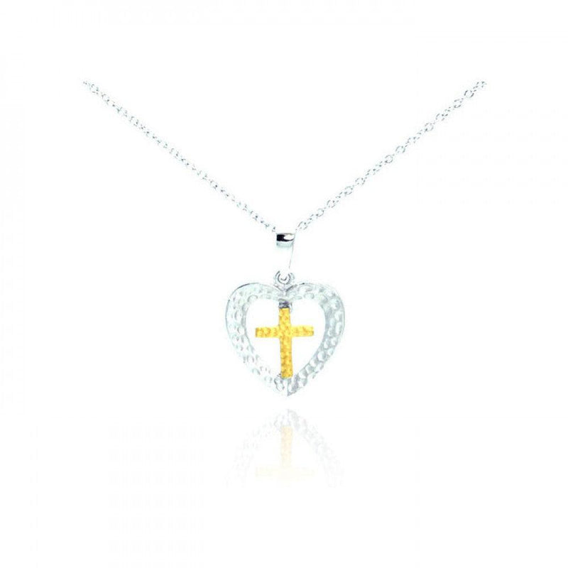 Closeout-Silver 925 Rhodium and Gold Plated Clear CZ Cross Heart Pendant Necklace - STP01066 | Silver Palace Inc.