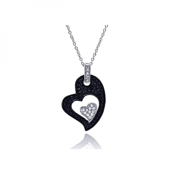 Silver 925 Rhodium Plated Clear CZ Black Heart Pendant Necklace
