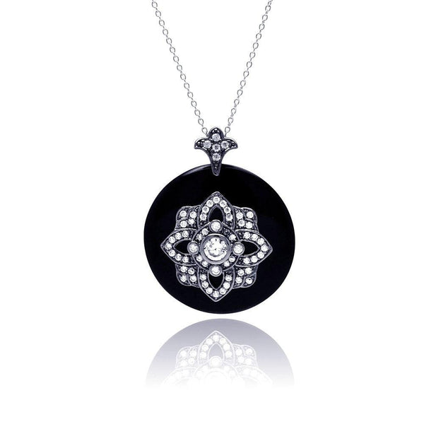 Closeout-Silver 925 Black Rhodium Plated Clear CZ Black Synthetic Pendant Necklace - STP01127BLK | Silver Palace Inc.