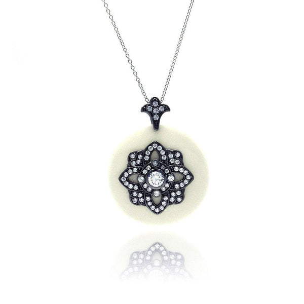 Closeout-Silver 925 Black Rhodium Plated Clear CZ Round White Synthetic Pendant Necklace - STP01127WT | Silver Palace Inc.