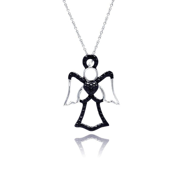 Silver 925 Black Rhodium Plated Clear CZ Angel Pendant Necklace - STP01147 | Silver Palace Inc.