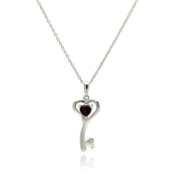 Silver 925 Rhodium Plated Clear CZ Heart Key Pendant Necklace - STP01327 | Silver Palace Inc.