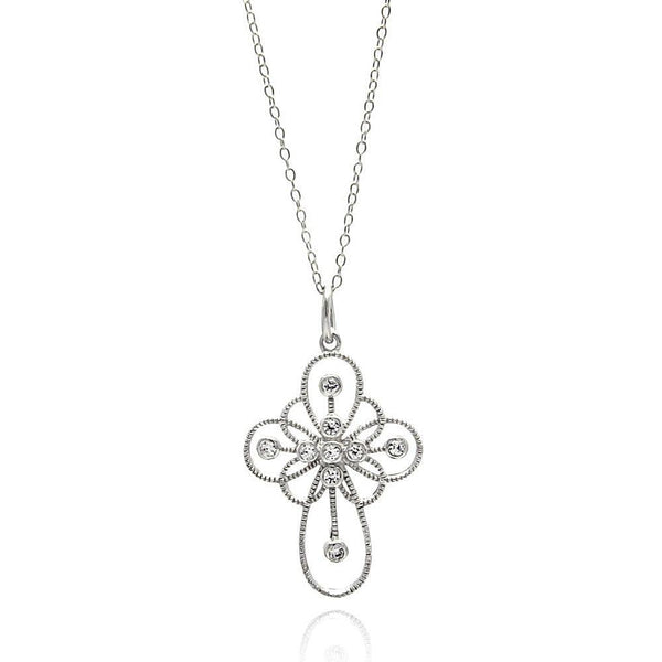 Silver 925 Rhodium Plated Clear CZ Cross Pendant Necklace - STP01336 | Silver Palace Inc.