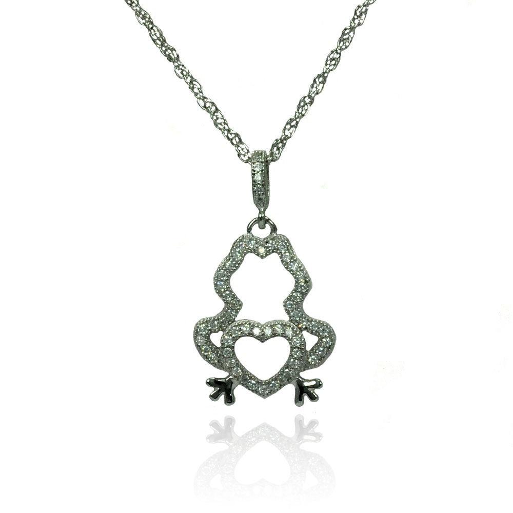 Silver 925 Rhodium Plated Clear CZ Frog Heart Pendant Necklace - STP01358 | Silver Palace Inc.