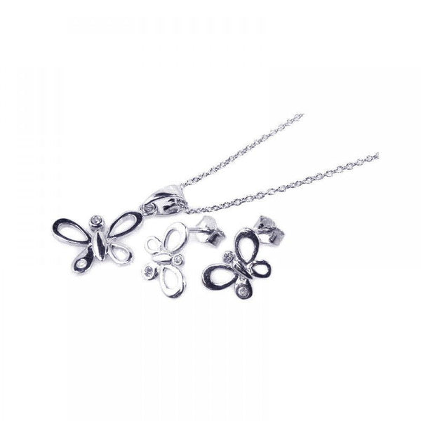 Silver 925 Rhodium Plated Open Butterfly CZ Stud Earring and Necklace Set - STS00161 | Silver Palace Inc.