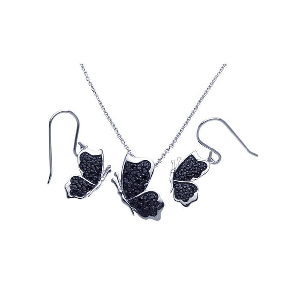 Silver 925 Rhodium Plated Black Butterfly CZ Dangling Hook Earring and Necklace Set - STS00272BLK | Silver Palace Inc.
