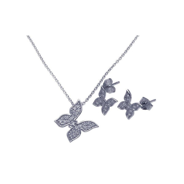 Silver 925 Rhodium Plated Butterfly CZ Stud Earring and Necklace Set - STS00281 | Silver Palace Inc.