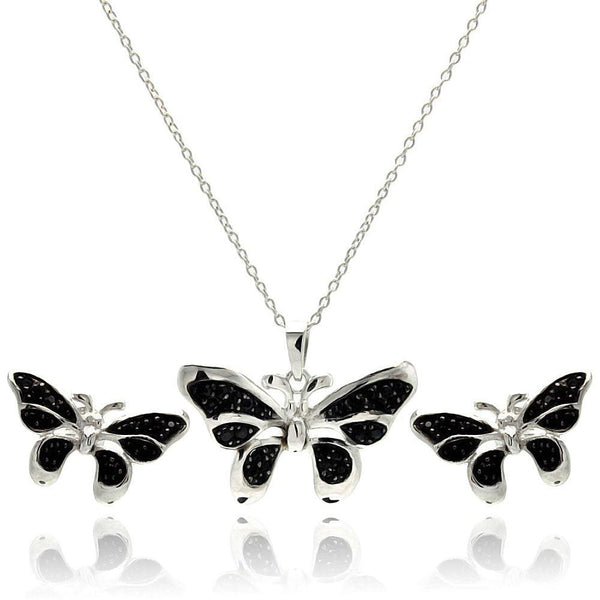 Rhodium Plated 925 Sterling Silver Black Butterfly CZ Stud Earring and Necklace Set - STS00415 | Silver Palace Inc.