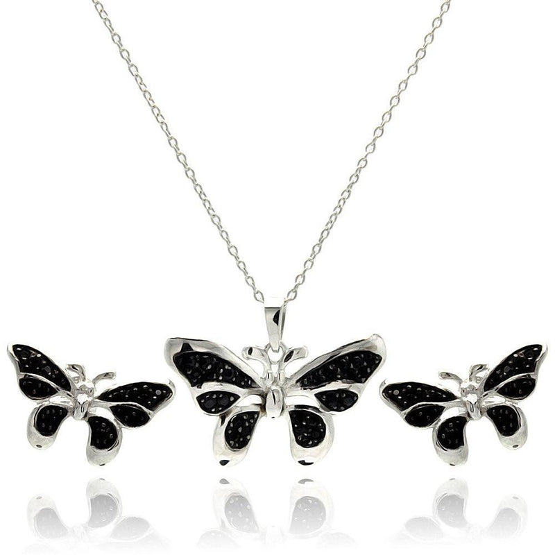 Silver 925 Rhodium Plated Black Butterfly CZ Stud Earring and Necklace Set - STS00415 | Silver Palace Inc.