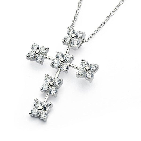 Silver 925 Rhodium Plated Clear CZ Flower Cross Pendant Necklace - BGP00825 | Silver Palace Inc.