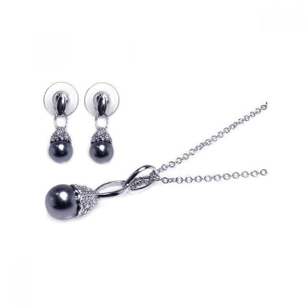 Silver 925 Rhodium Plated Black Pearl Clear CZ Dangling Stud Earring and Dangling Necklace Set - BGS00001 | Silver Palace Inc.