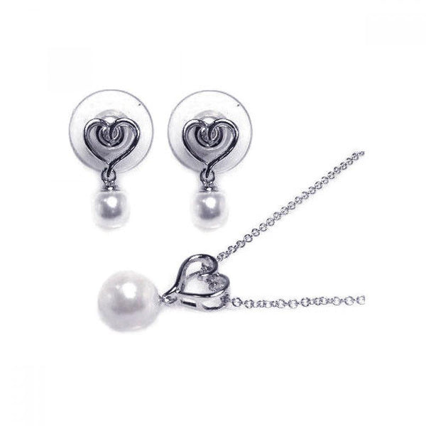 Silver 925 Rhodium Plated White Pearl and Heart Dangling Stud Earring and Necklace Set - BGS00003 | Silver Palace Inc.