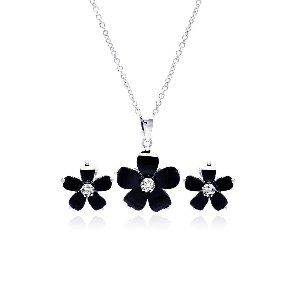 Silver 925 Rhodium Plated Black Flower and Clear CZ Stud Earring