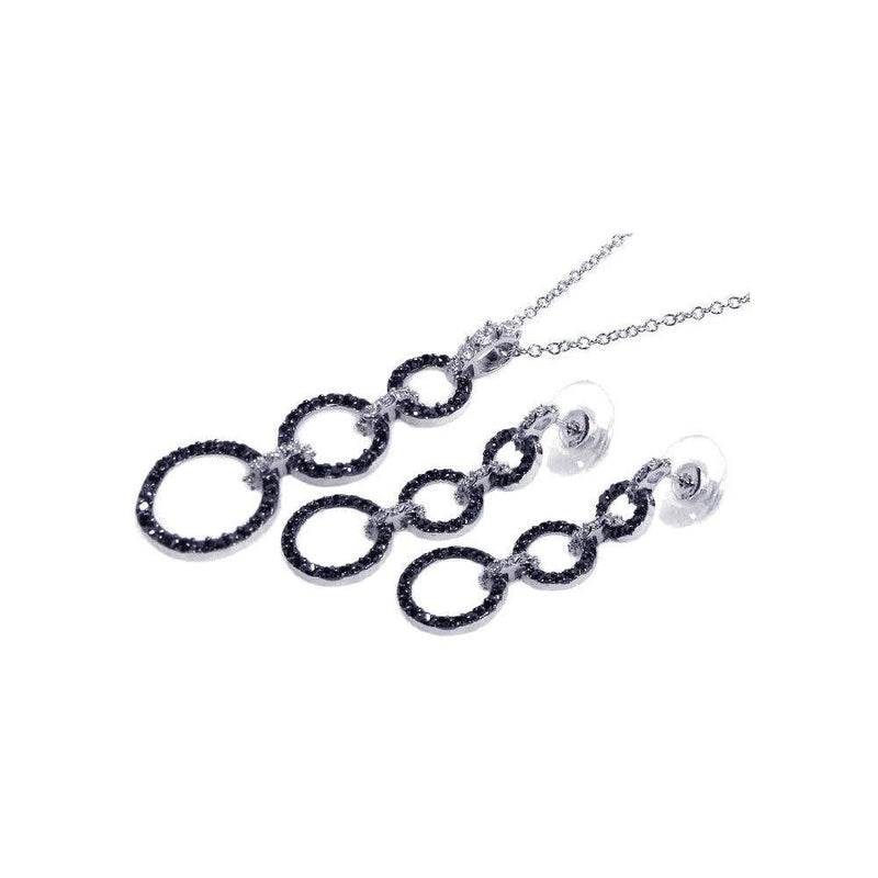 Closeout-Silver 925 Rhodium and Black Rhodium Plated Clear and Black Open Circle CZ Dangling Stud Earring and Dangling Necklace Set - BGS00013 | Silver Palace Inc.
