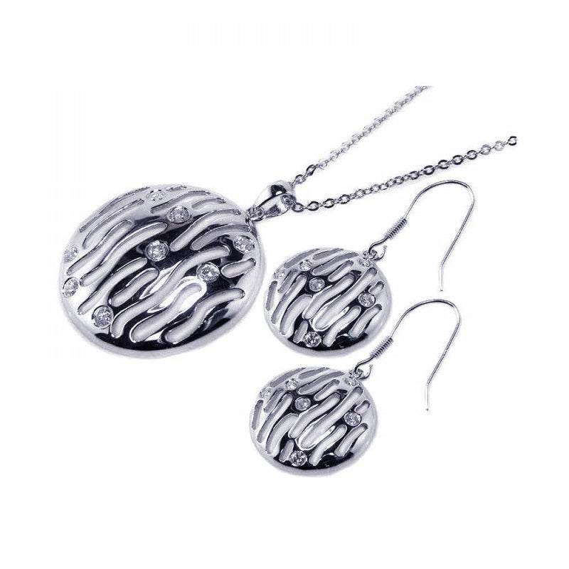 Silver 925 Rhodium Plated Round Open Zebra Stripe Clear CZ Hook Earring and Dangling Necklace Set - BGS00018 | Silver Palace Inc.
