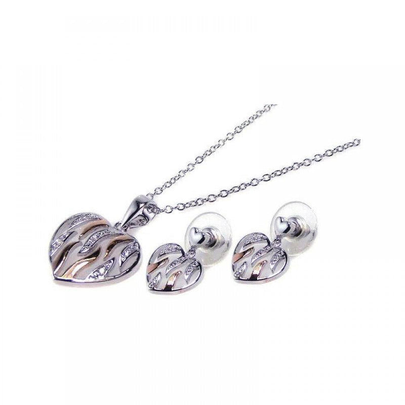Closeout-Silver 925 Rhodium and Gold Plated White Enamel Heart Clear CZ Dangling Stud Earring and Dangling Necklace Set - BGS00022 | Silver Palace Inc.