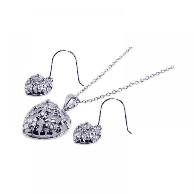 Silver 925 Rhodium Plated Clear Heart CZ Hook Earring and Dangling Necklace Set - BGS00023 | Silver Palace Inc.