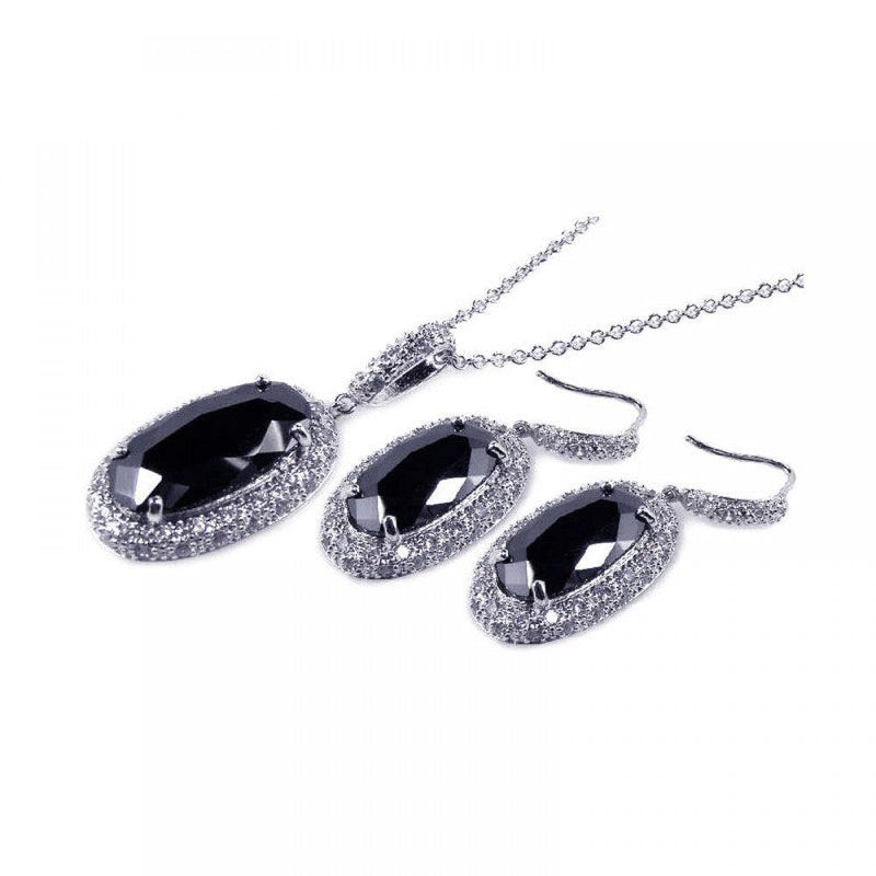 Closeout-Silver 925 Rhodium Plated Black Oval and Clear Micro Pave CZ Hook Earring and Dangling Necklace Set - BGS00041 | Silver Palace Inc.