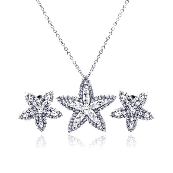 Silver 925 Rhodium Plated Clear Star Flower CZ Stud Earring and Necklace Set - BGS00049 | Silver Palace Inc.