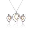 Closeout-Silver 925 Rhodium and Gold Plated Clear Open Leaf CZ Stud Earring and Dangling Necklace Set - BGS00050 | Silver Palace Inc.
