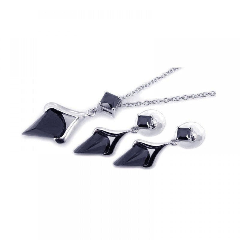 Silver 925 Rhodium Plated Black Square Pointed CZ Dangling Set - BGS00057 | Silver Palace Inc.